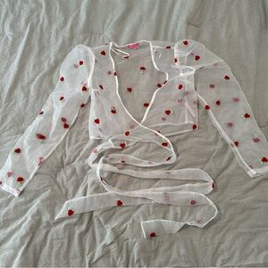 NWOT Sugar Thrillz Sheer White Wrap Top with Embroiderd Roses